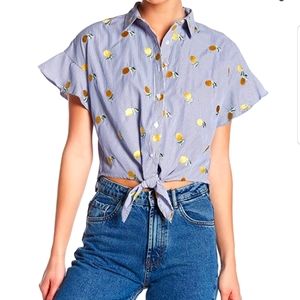 Love Fire Front Tie Ruffle Sleeve Pinstripe Blouse, embroidered lemon. Size S/P